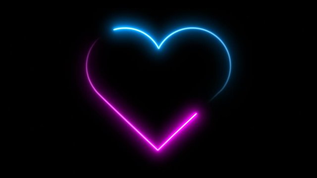 Neon Line Heart Shape Drawn on with Full Loop-Ready Rotation Plus Flashing Grid Pattern Loop. Blue and pink colored bright lines on a black background.