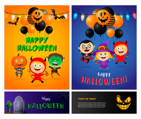 Happy Halloween orange, blue banner set with monsters. Halloween, October, trick or treat. Lettering can be used for greeting cards, invitations, announcements