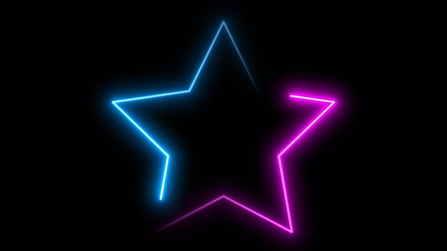 Neon Line Star Shape Drawn on with Full Loop-Ready Rotation Plus Flashing Grid Pattern Loop. Blue and pink colored bright lines on a black background.