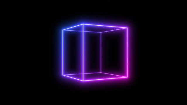 Set of Neon Light Cube 3D Shape Animation Loops on Back Background. Includes 3 loop-ready full rotations on vertical, horizontal and combined triple-axis.
