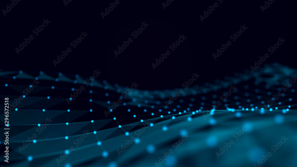 Poster Abstract digital blue background. Space filled with polygons and dots. 3D wave.
