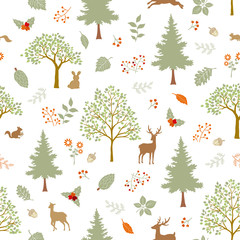 Cute hand drawn animal wildlife in the forest seamless pattern,Christmas or fall background for decorative,apparel,fashion,fabric,textile,print or wrapping paper