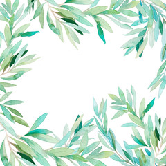 Fototapeta premium Watercolor green branches. Hand drawn frame