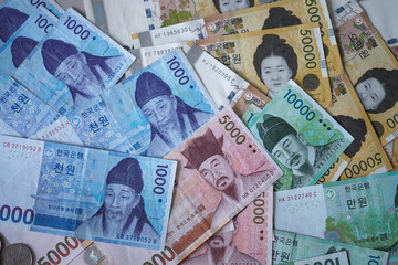 Korean won notes for money concept background