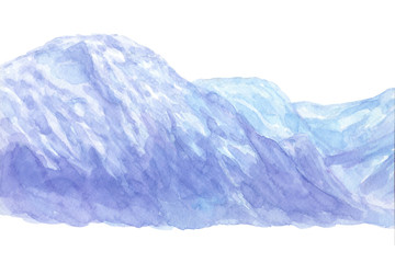 Mountain landscape with winter snow blue shade on white background hand drawn watercolor painting