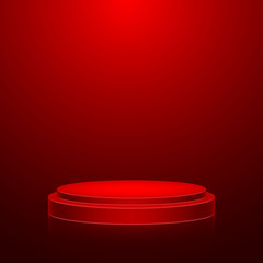 Round stage podium with light. Stage vector backdrop. Festive podium scene with red carpet for award ceremony. Vector illustration