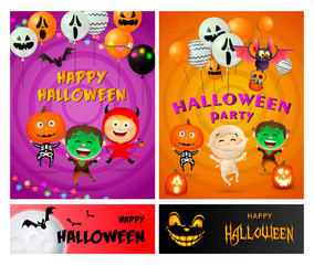 Halloween party violet, orange banner set with monsters. Halloween, October, trick or treat. Lettering can be used for greeting cards, invitations, announcements