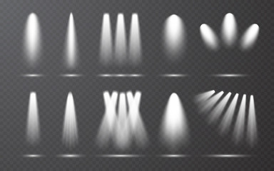 Spotlight set collection on transparent bakground. Light effect. Bright light beam. Vector illustration