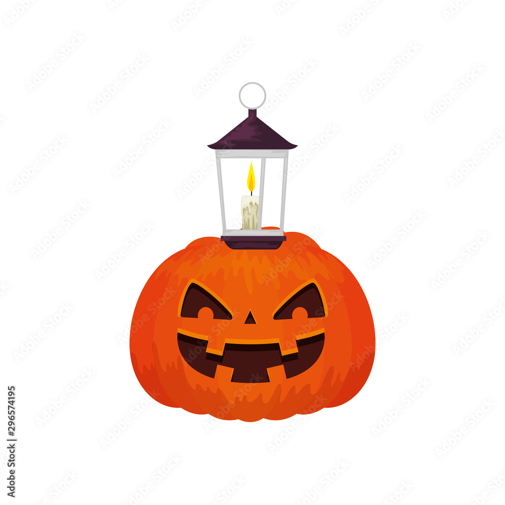 Sticker halloween pumpkin traditional with lamp vector illustration design