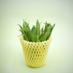 Yellow bag with raw green beans on green background, minimal concept