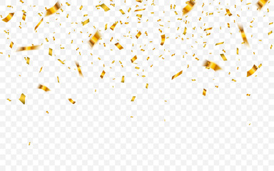 Gold confetti. Celebration carnival falling shiny glitter confetti in gold color. Luxury greeting card. Vector illustration - obrazy, fototapety, plakaty