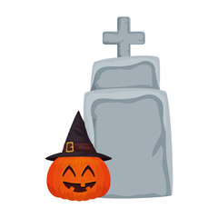 halloween pumpkin with hat witch and tombstone vector illustration design