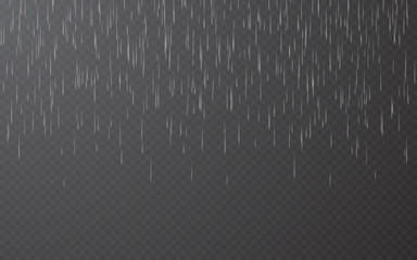 Rain drops on transparent background. Falling water drops. Nature rainfall. Vector illustration