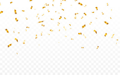 Gold confetti. Celebration carnival falling shiny glitter confetti in gold color. Luxury greeting card. Vector illustration