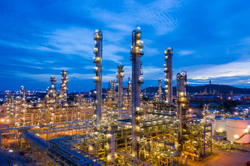 twilight landscape refinery oil and gas at night aerial view