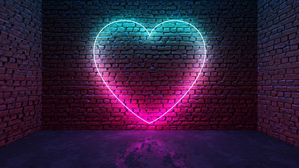 Glowing neon heart shaped like icon on brick wall in dark room