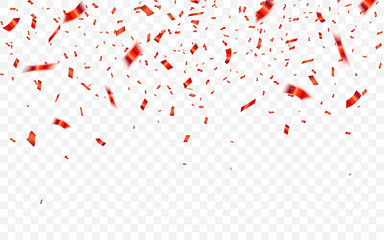 Red confetti. Celebration carnival falling shiny glitter confetti in red color. Luxury greeting card. Vector illustration