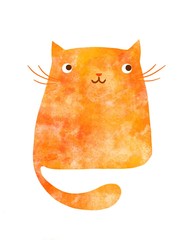 Cute funny watercolor red cat on white background 