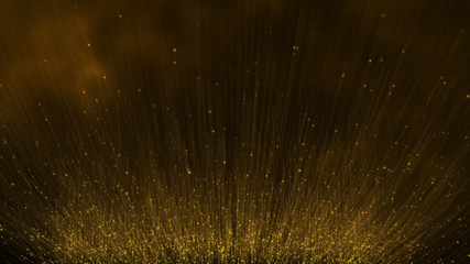 Golden rain, gold glitter particles falling. Glowing glittering lights on golden threads, shiny sparkling light and shimmer particles