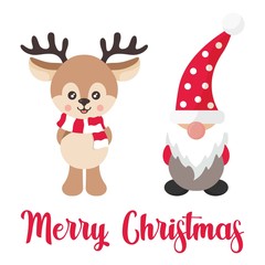cartoon cute deer with scarf and christmas dwarf and text vector