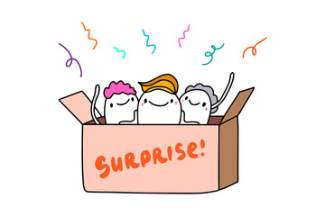 Surprise hand drawn vector illustration in cartoon comic style people together in box jumping off