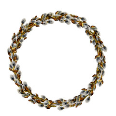 Picture of a spring willow wreath hand drawn in watercolor isolated on a white background. Ideal for creating Easter wreathes and arrangements