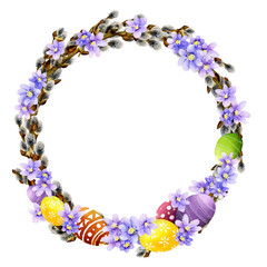 Tender Easter willow wreath with light blue flowers and decorated eggs hand drawn in watercolor isolated on a white background. Ideal for greeting cards, invitations. Beautiful Easter arrangement