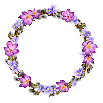 Tender spring willow wreath with primrose light blue flowers and crocuses hand drawn in watercolor isolated on a white background. Ideal for greeting cards, invitations. Beautiful Easter arrangement