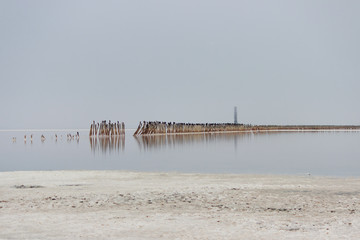 Fototapeta na wymiar pink salt lake with the remains of bridges along which salt was transported during its production