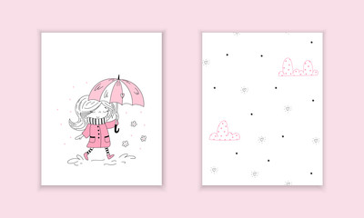 Cute little girl in pink coat and stripy scarf hiding under umbrella during during the rain weather. Vector doodle illustration in pink colour for girlish designs like textile apparel print, wall art