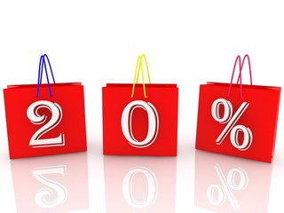 Red shopping bags with 20 percent inscription with different color handles 