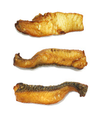 Slice of fried dried fish isolated on white background
