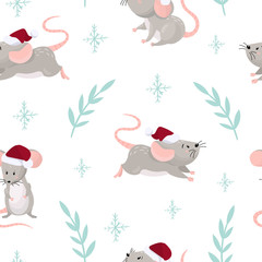 Seamless pattern with cute cartoon mouses in a red christmas hat. New year 2020 design. Vector illustration.