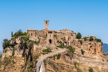 Panoramic view of famous Civita di Bagnoregio with Tiber river valley, Lazio, Italy