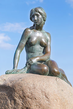 View of the little mermaid statue in Copenhagen, June 17, 2019, Denmark