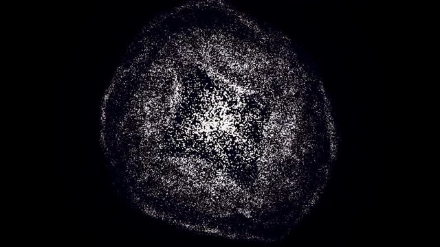 Abstract small white particles flying in a cloud with a hole in the middle on black background. Animation. Chaotic movement of white glowing points in the dark, monochrome.