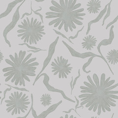 Flowers with leaves silhouettes, hand drawn seamless pattern with blossom on gray background