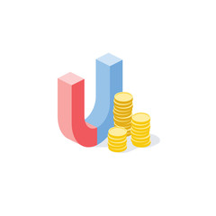 Magnet money coins. Vector 3d isometric, color web icon, new flat style. Creative illustration design, idea for infographics.