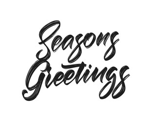 Handwritten calligraphicbrush lettering of Seasons Greetings on white background.