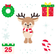 Fototapeta premium cartoon cute deer with scarf and christmas elements vector