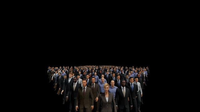 Businessmen with a businesswoman in front forming arrow shape pointing up, 4K against black