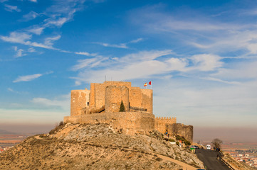 Castle of Consuegra Dated in the 10th century by the Caliphate of Cordoba on Cerro Calderico in Consuegra. December 26, 2018. Consuegra Toledo Castilla La Mancha Spain Europe. Travel Tourism Street 