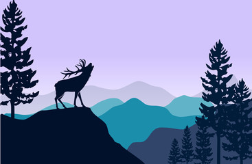 silhouette of deer and pine tree at Flat mountains landscape hills