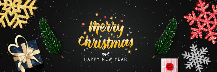 Merry Christmas and happy new year with Creative Christmas tree, fir branches, pine cones, gift boxes, holly, and string lights. Christmas greeting card vector design.