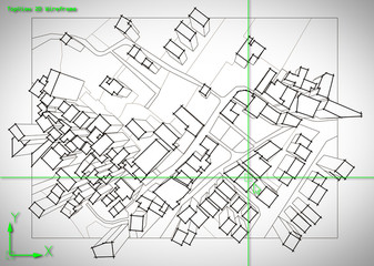 Imaginary city map of territory with 3D buildings of a residential district - concept image with a CAD (Computer-Aided Design) software interface