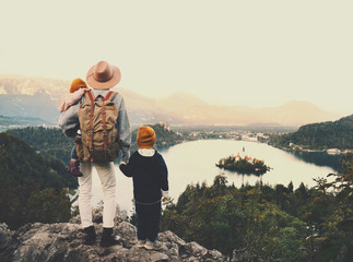 Journey Slovenia with kids. Family travel Europe. View on Bled Lake