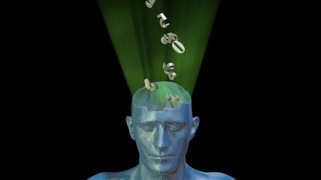 Numbers emitted from human head . Volumetric light rays . 3d rendering .  Uploading, downloading information , consciousness themes.