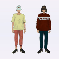 image of a guy. freehand drawing. panama, t-shirt, sneakers, pants. summer look. warm hat, sweater, jeans. winter look.