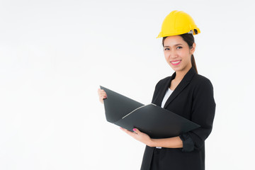 woman holding black file holder isolated on white background