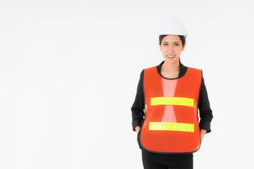 Asian young beautiful woman engineers wearing a black suit Orange reflective safety vest for working safety and white Safety helmet Standing looking camera with copy space isolated on white background